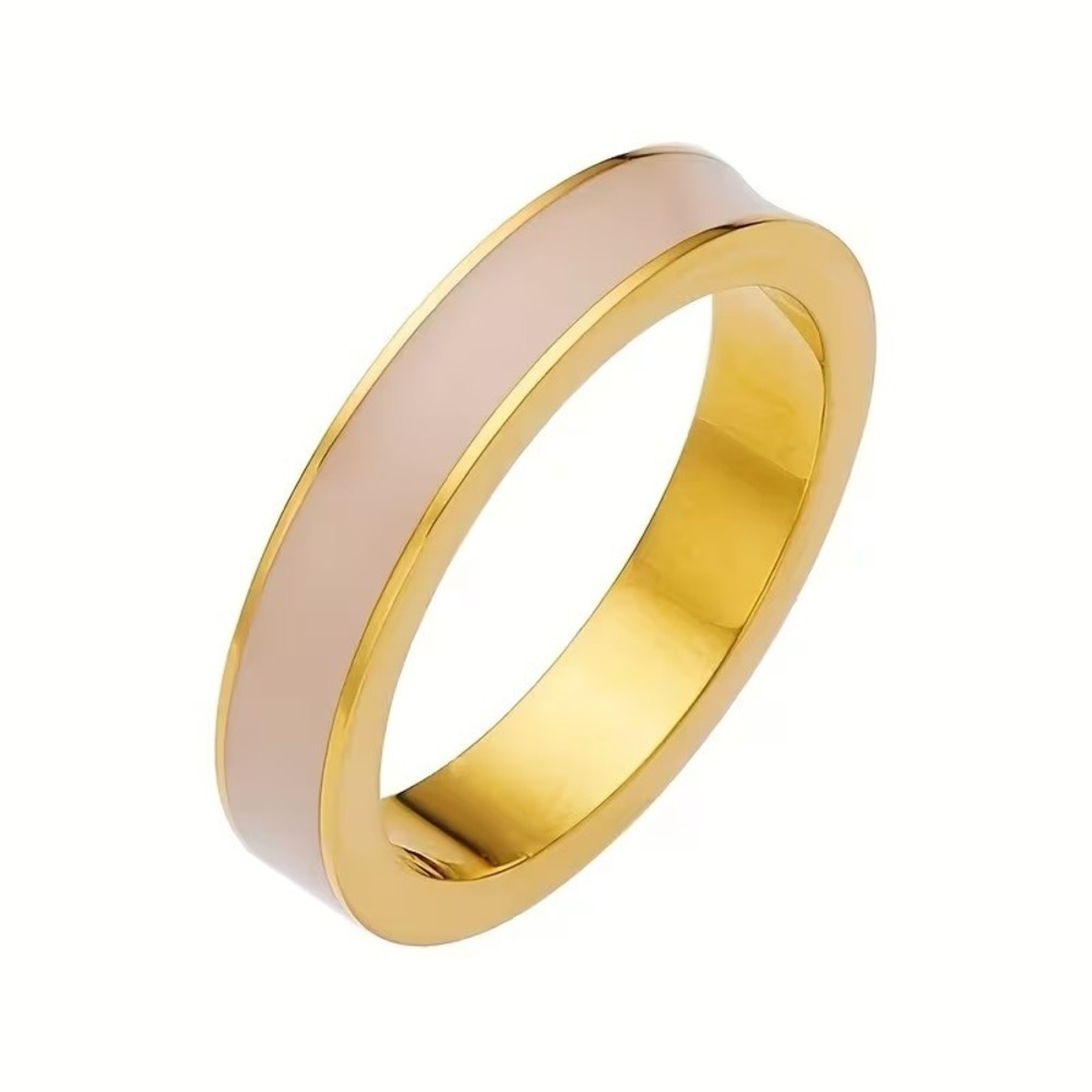 Gold Stainless Steel Pink Enamel Band Ring Minimalist Stackable Size 6